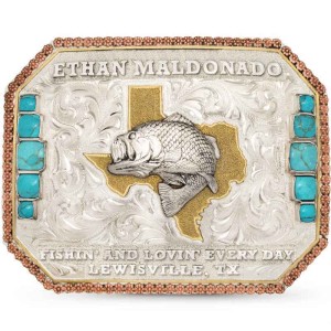 A custom fishing belt buckle adorned with turquoise stones featuring a bass figure on a Texas State golden bronze figure and Lewisville silver lettering